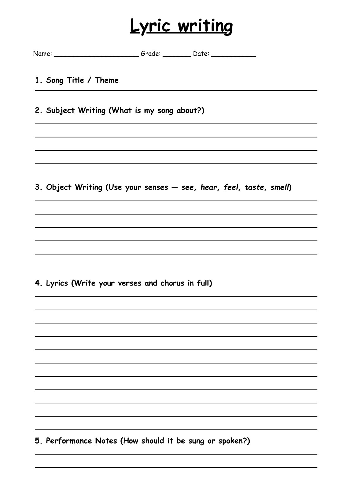 Lyric writing activity page